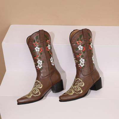 IPPEUM Stivali da Cowboy da Donna Rossi Ricamati Taglia 43 Scarpe Outfit da Cowgirl Stivali Alti al Polpaccio