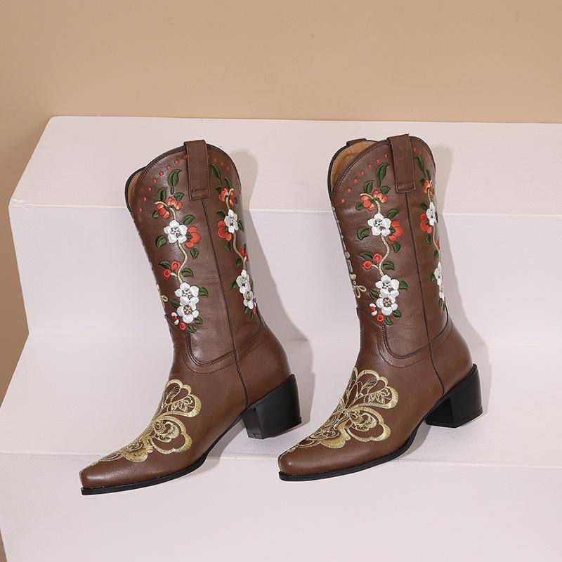 Fashion IPPEUM Cowboy Boots For Women Red Embroidered Size 43 Cowgirl Outfit Shoes Calf High Boots