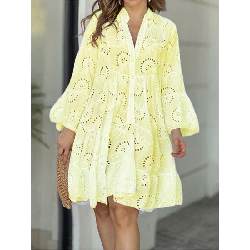 

V-neck Bell Sleeve Hollow out Loose Plus size Casual Long Dress Summer Large Casual Long Dress Yellow Skirt 3XL