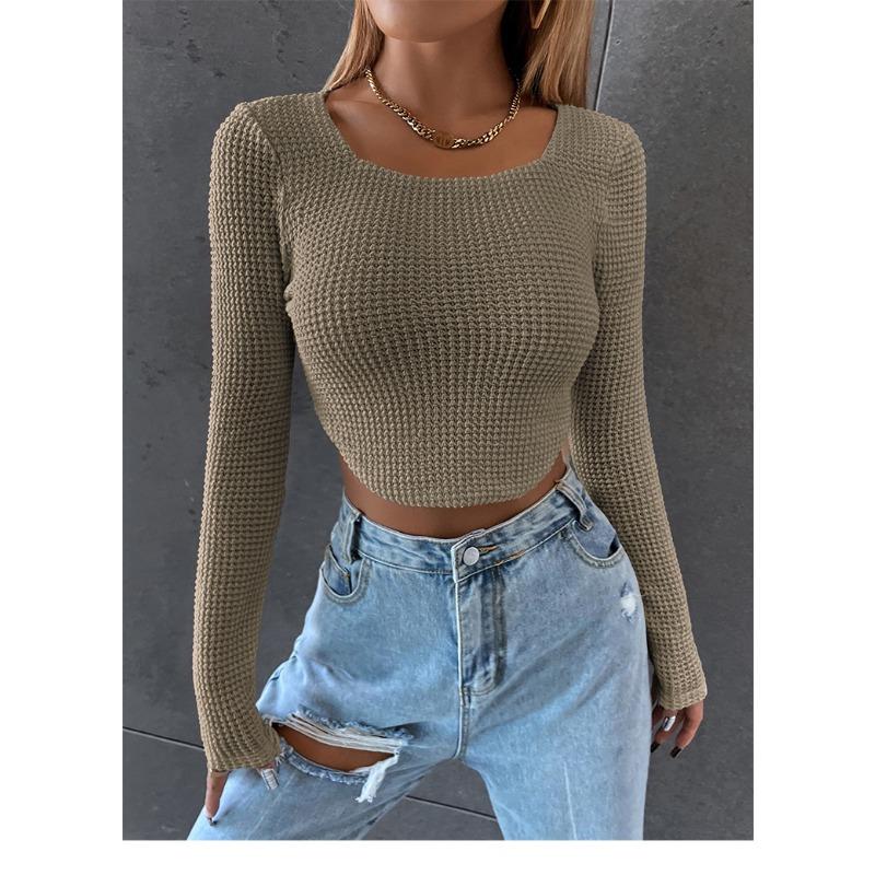 

Весенне-летние топы для женщин короткий облегающий сексуальный свитер на молнии футболка с коротким широким вырезом и длинным рукавом L