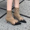 2025 autumn and winter new European station French small flower high-heeled short boots women's pointed thin heel elastic thin boots