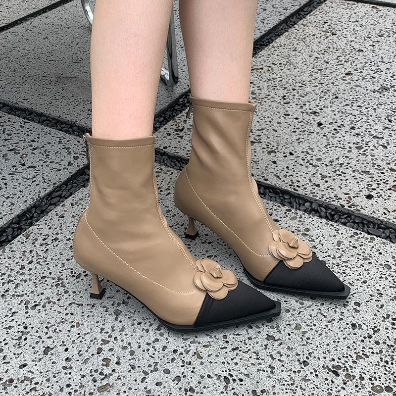 2025 autumn and winter new European station French small flower high-heeled short boots women's pointed thin heel elastic thin boots