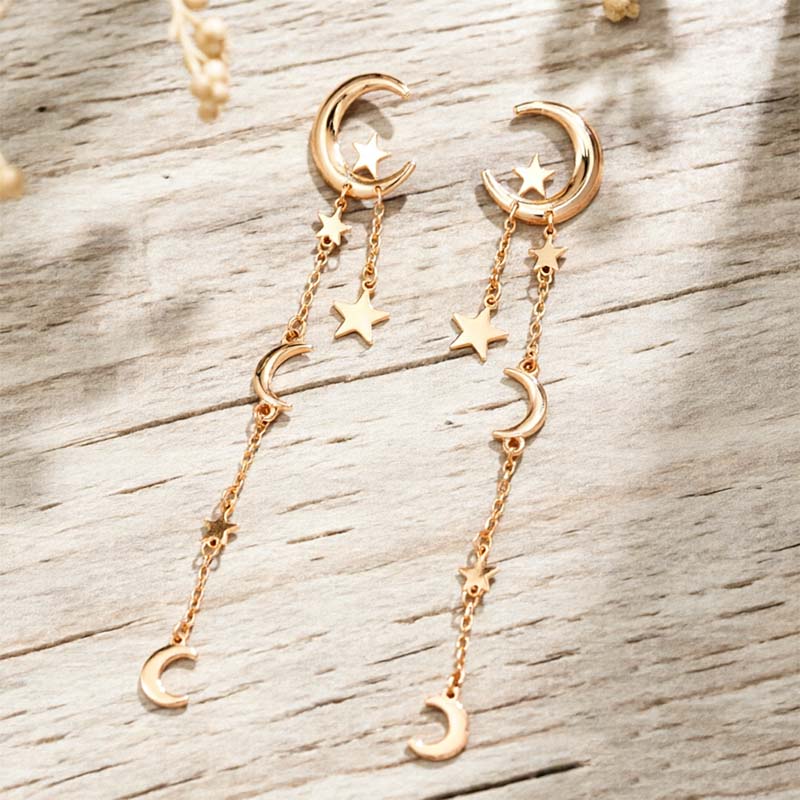 Vintage Metal Star Moon Tassel Pendant Earrings for Women Fashion Gold Color Asymmetric Personality Earrings Jewelry Gifts
