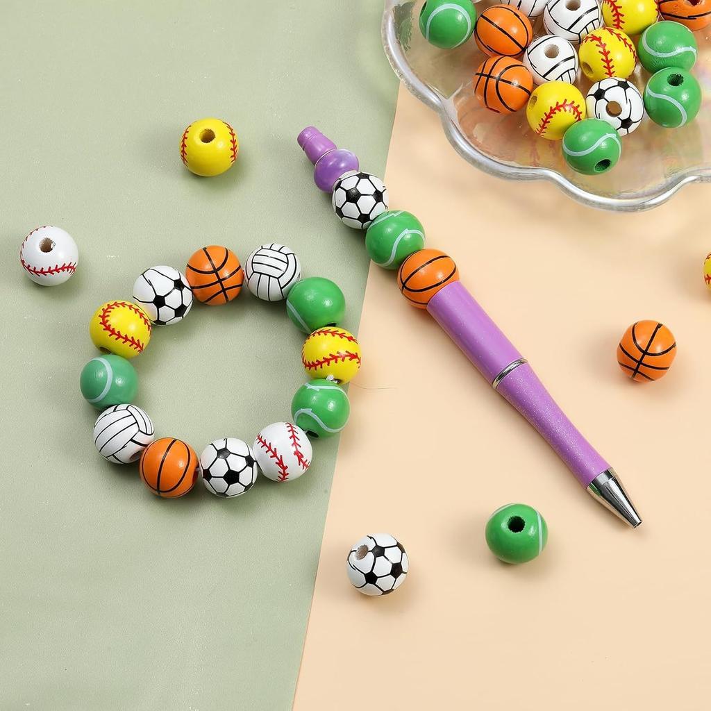 20pcs 16mm Round Wooden Painted Beads Basketball Shaped Loose Beads for Jewelry Making Hair DIY Craft Handmade Decor