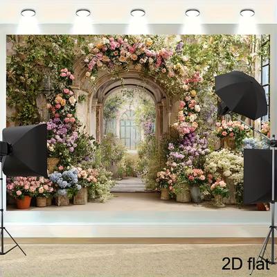 2D Pastel Flower Covered Arch Photography Background Cloth for Outdoor Events
