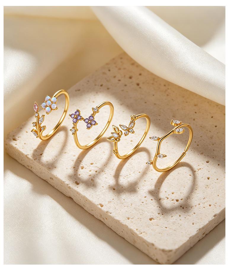 S925 Sterling Silver Fairy-Inspired Purple Zircon Four-Leaf Clover Adjustable Ring for Women