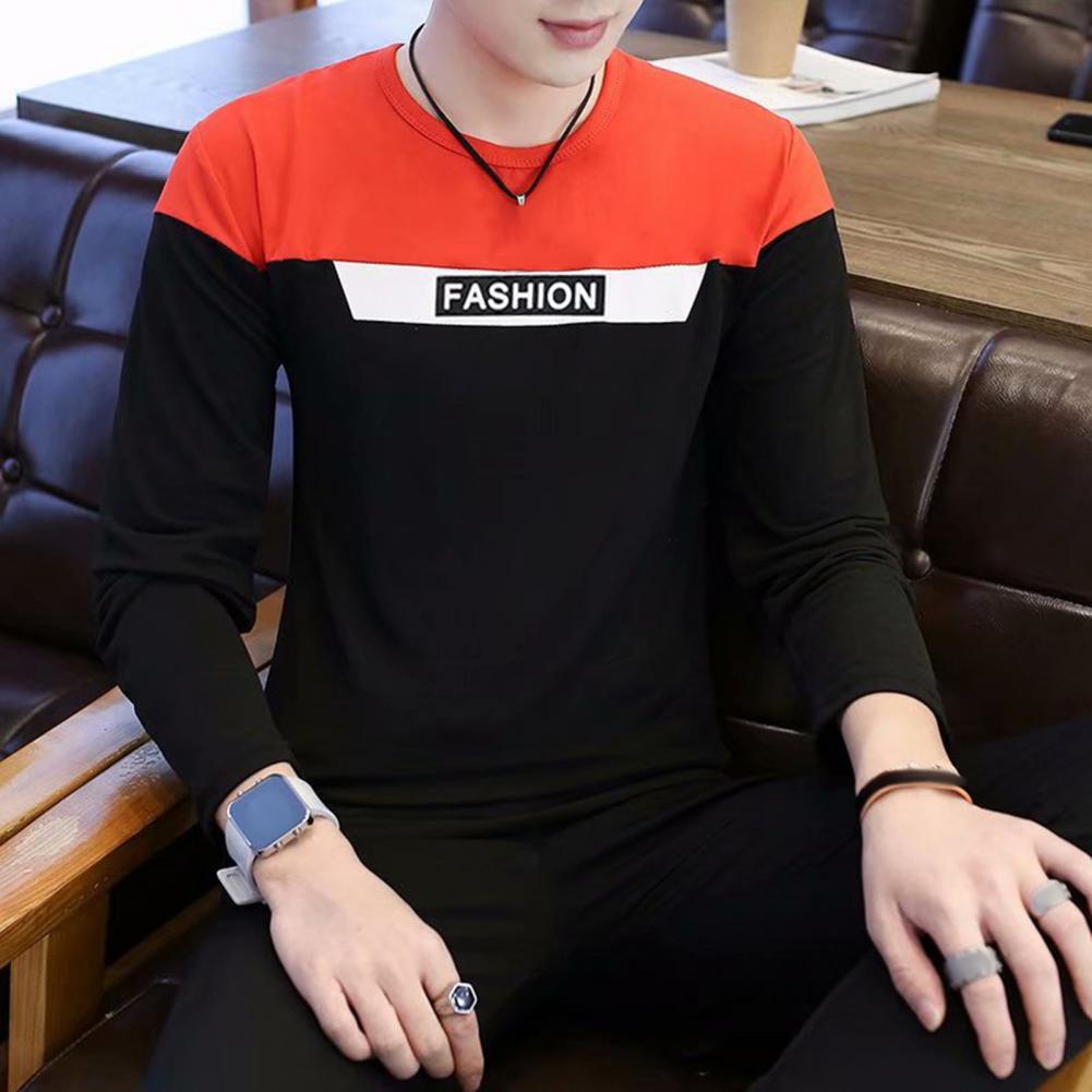 Fall Spring Men Top Patchwork Color Matching Letter Pattern Round Neck Long Sleeves Pullover Daily Wear Casual T-shirt