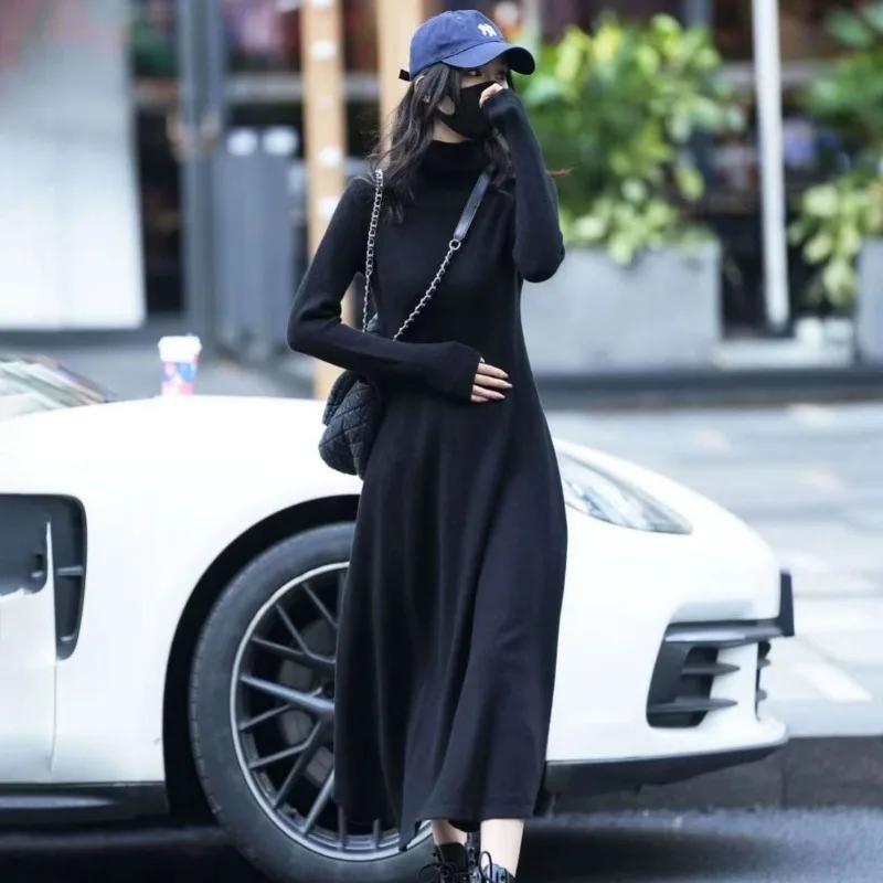 Dress Sweater Pullover Female Autumn/Winter French Celebrity Texture Solid High Neck Knitted Bottom Sweater Dress for Women