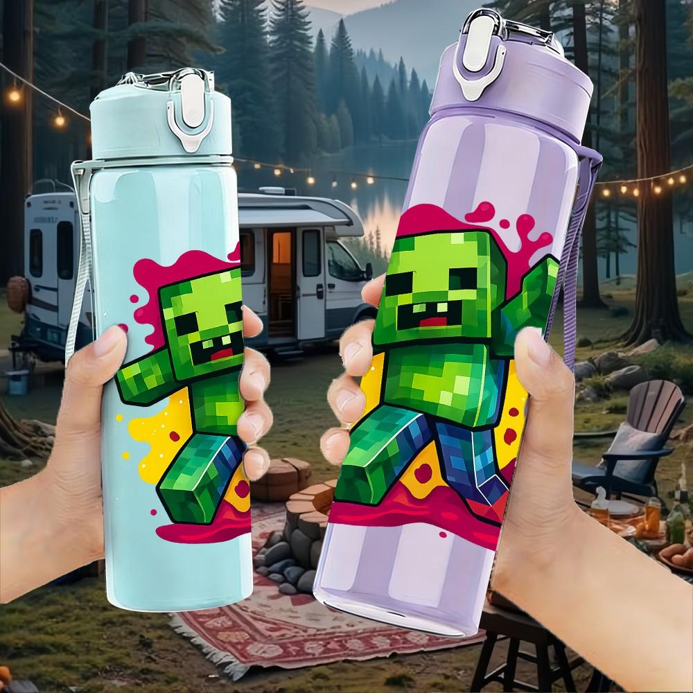 1PC Green Zombie Cartoon Print 750ml Color Plastic Sports Water Bottle Leakproof Flip Straw Lid Suitable for Sports Office Home Use