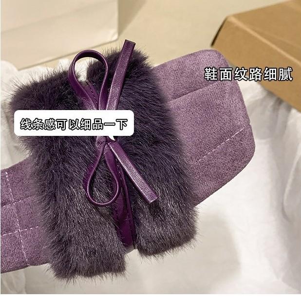 Fashion retro bow fluffy slippers women's outer wear 2025 autumn and winter new simple one-word outer wear thick heel cotton mop