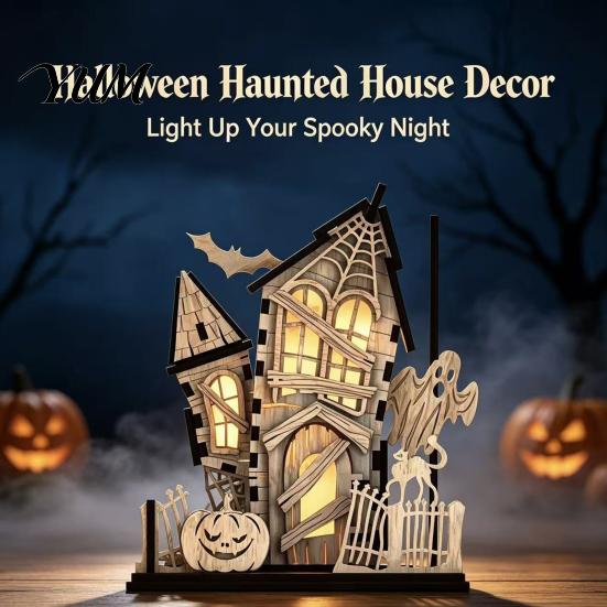 Wooden Castle Figurine 3D Halloween Village Haunted House Figurine, Spooky Light Up Ornament Desktop Retro with Ghost Pumpkin Bat for Home Party Table