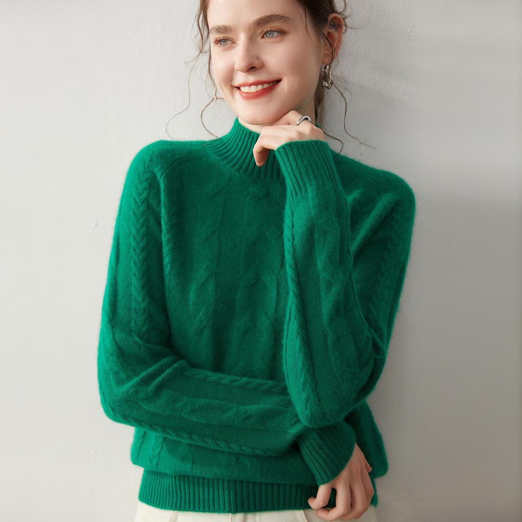 Cashmere Cable Knit Raglan Sweater - Half-High Neck, Loose Fit