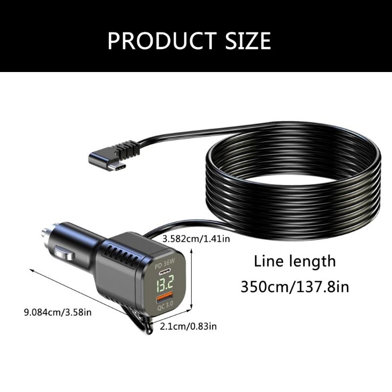 Car Power Adapter Small  USB Cable Fast Charging Adapter 3.5M Long Featuring QC3.0 & PD36W Quick Charges for DVR Devices