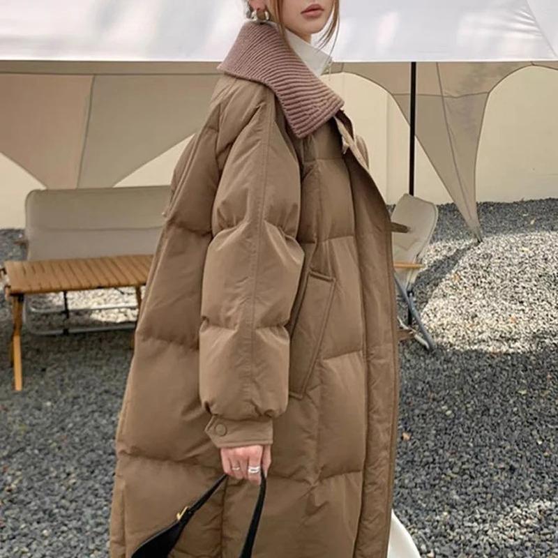 Fashion Lapel Mid-Length Down Jacket Women Winter Windproof Warm Zip Up Parkas Korean Streetwear Long Quilted