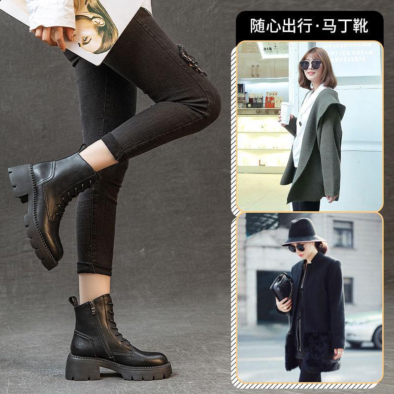 Vintage British Leather Martin Boots Autumn and Winter Thick Heel Fleece Women's Boots Versatile Round Head High Heel Short Boots