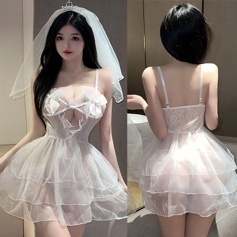 Sexy White Wedding Dress Bride Roleplay Costume Women Sexy Lingerie See-Through Cosplay Clothes Erotic Pajama Sex Married Set