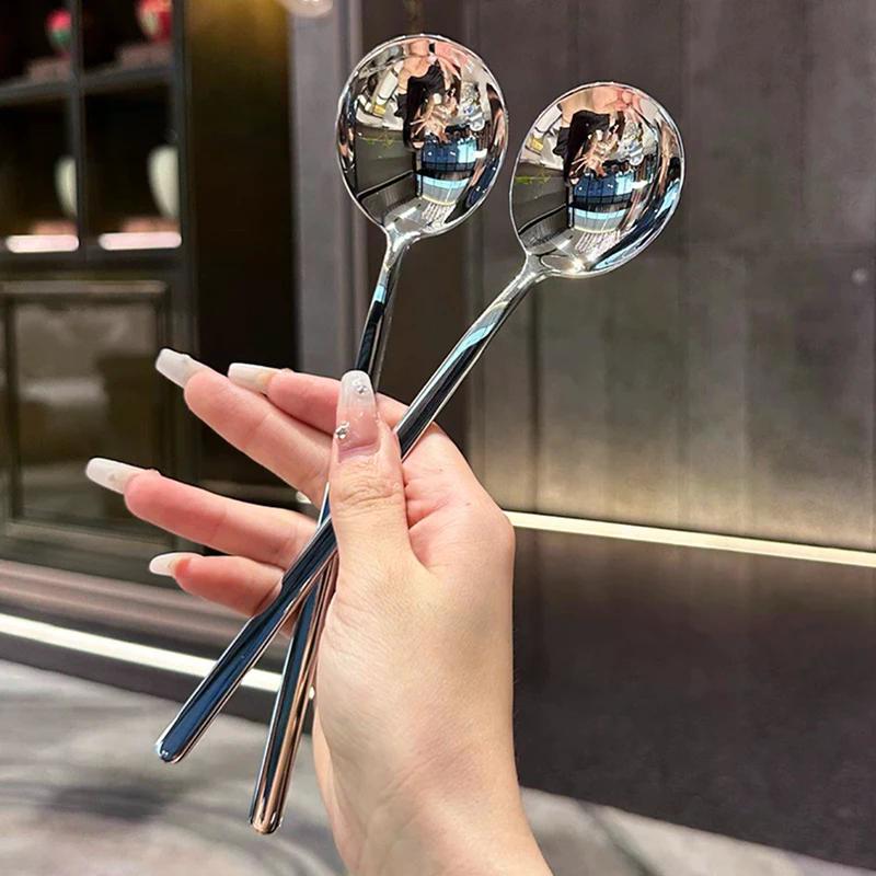 Meal Spoon Stainless Steel Spoon Household Dinner Spoon Korean Long Handle Tableware Thicken Stirring Ice Spoon