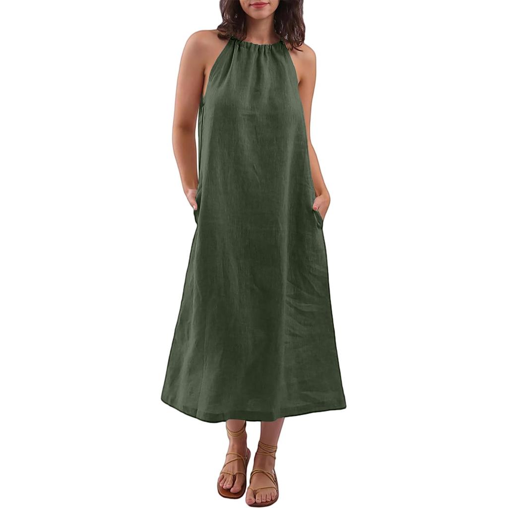 Women's Fashion Sleeveless Round Neck Straps Cotton Linen Dresses