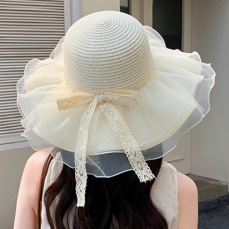 Summer Bow Sun Hat Female, Seaside Beach Vacation Sun Hat Outdoor Big Brim Sun Hat Sweet Straw Hat