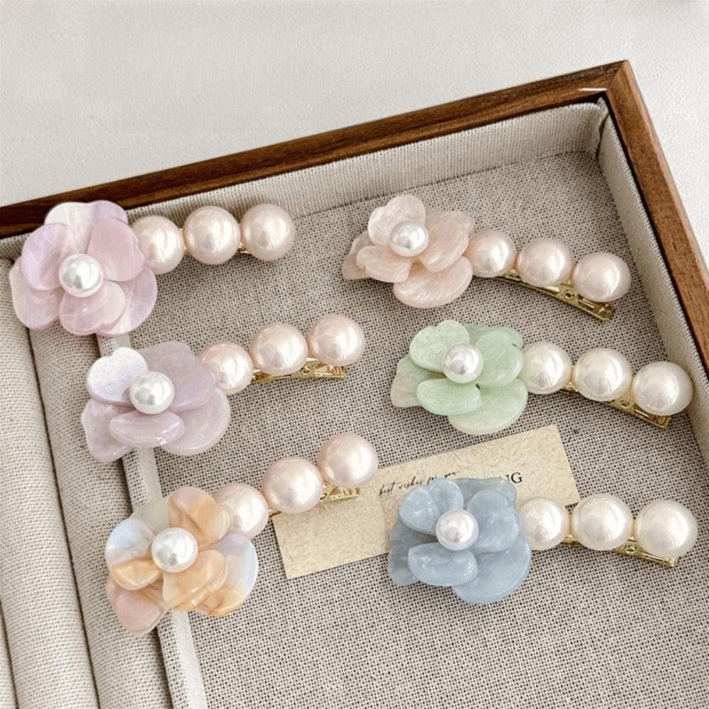 Sweet Camellia Pearl Side Clip Korean Style Duckbill Clip Lovely Flower Hair Clip Girls/lady