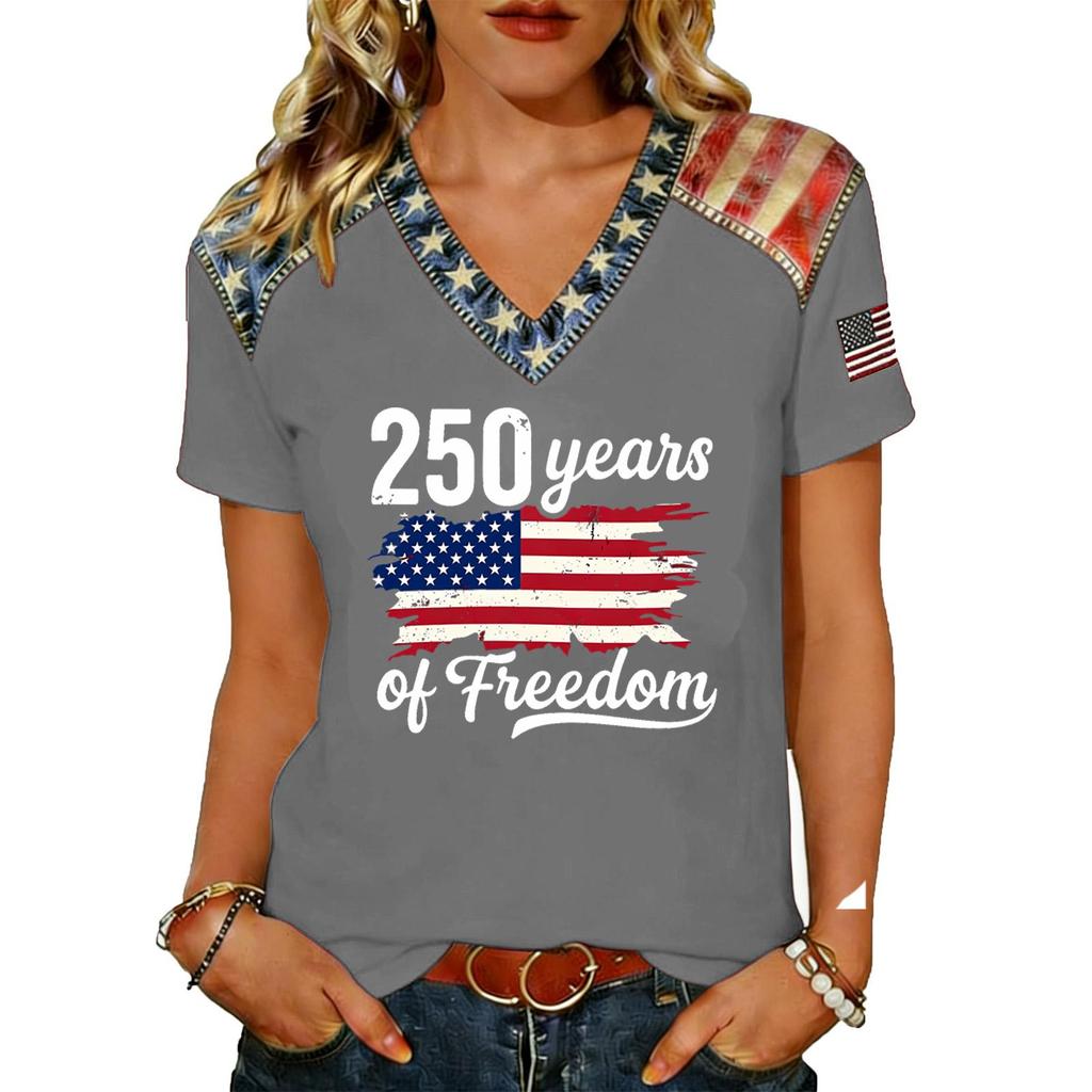Haut T-shirt Pull Col en V Manches Courtes pour Femme avec Impression Drapeau Coupe Ample Décontracté Confortable Design Léger pour un Usage Quotidien