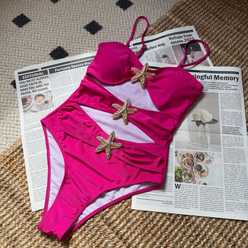 2026 Sexy Solid Color Star One-Piece Hollow Swimsuit Swimsuit Babes Beach