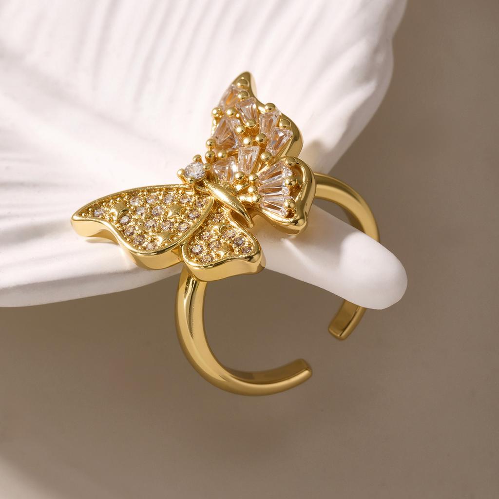 Nivora Stereoscopic Zircon Butterfly Open Rings For Women Girls PVD Gold Plated Copper Engagement Index Finger Wedding Zircon
