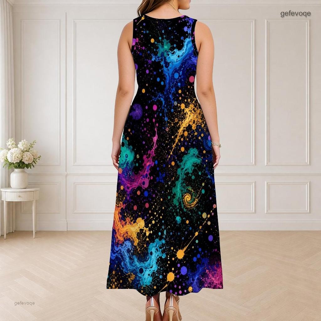 Robe Longue Imprimée Sans Manches Col Rond Décolleté Triple Découpe Grande Taille pour Femme