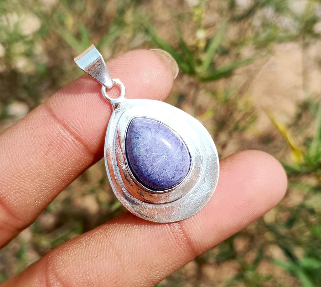 Charoite Gemstone 925 Sterling Silver Plated Pear Handmade Pendant