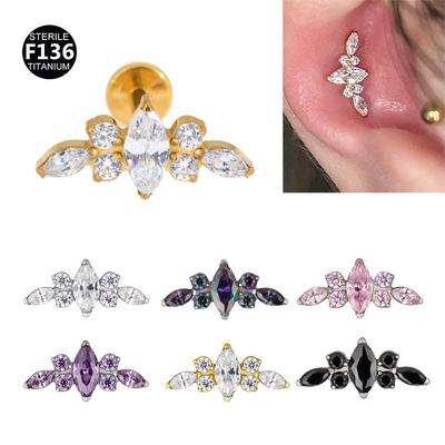 F136 Titanium Marquise Flower Piercing Jewelry - Internal Thread Stud for Ear, Lip, Nose, 1.2/1.0mm Thickness