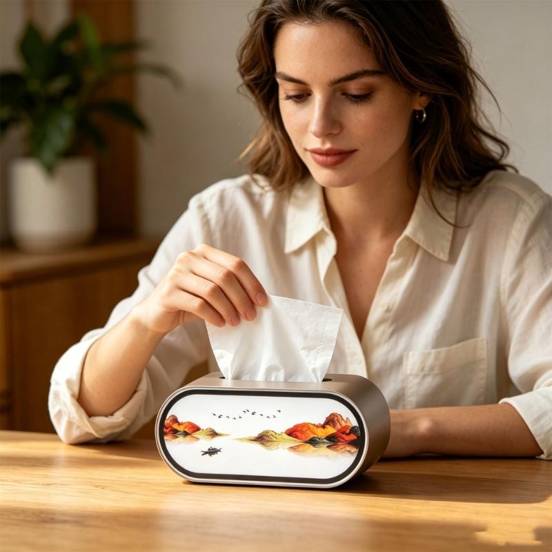 Artistic Round Tissue Dispenser With Soft Background Light 1200mAh Battery Powered Touch Panel For Bedroom