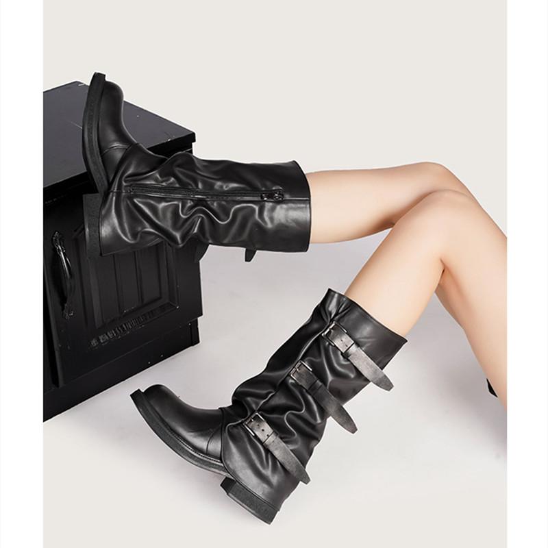Vintage Soft Leather Belt Strap Buckle Mid-Calf Women Motorcycle Boots Fashion Thick High Heels Autumn Winter Knight Booties