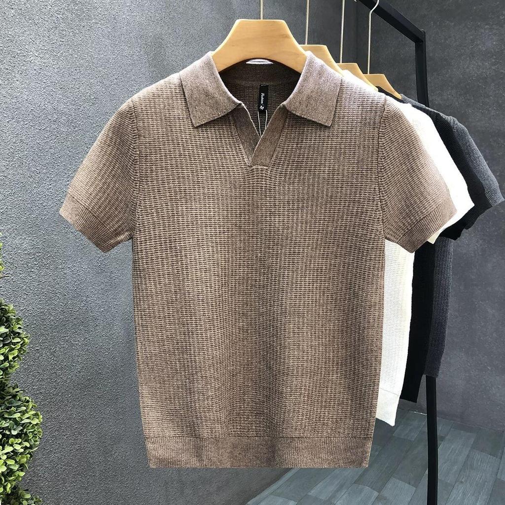 Hoogwaardige polo trui met korte mouwen, heren slim fit gebreide basislaag met revers