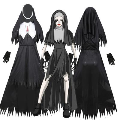 Nun Black Loose Longuette Women Skirt Halloween Thanksgiving Day Festival School Priest Role Cosplay Solid Hooded Dress