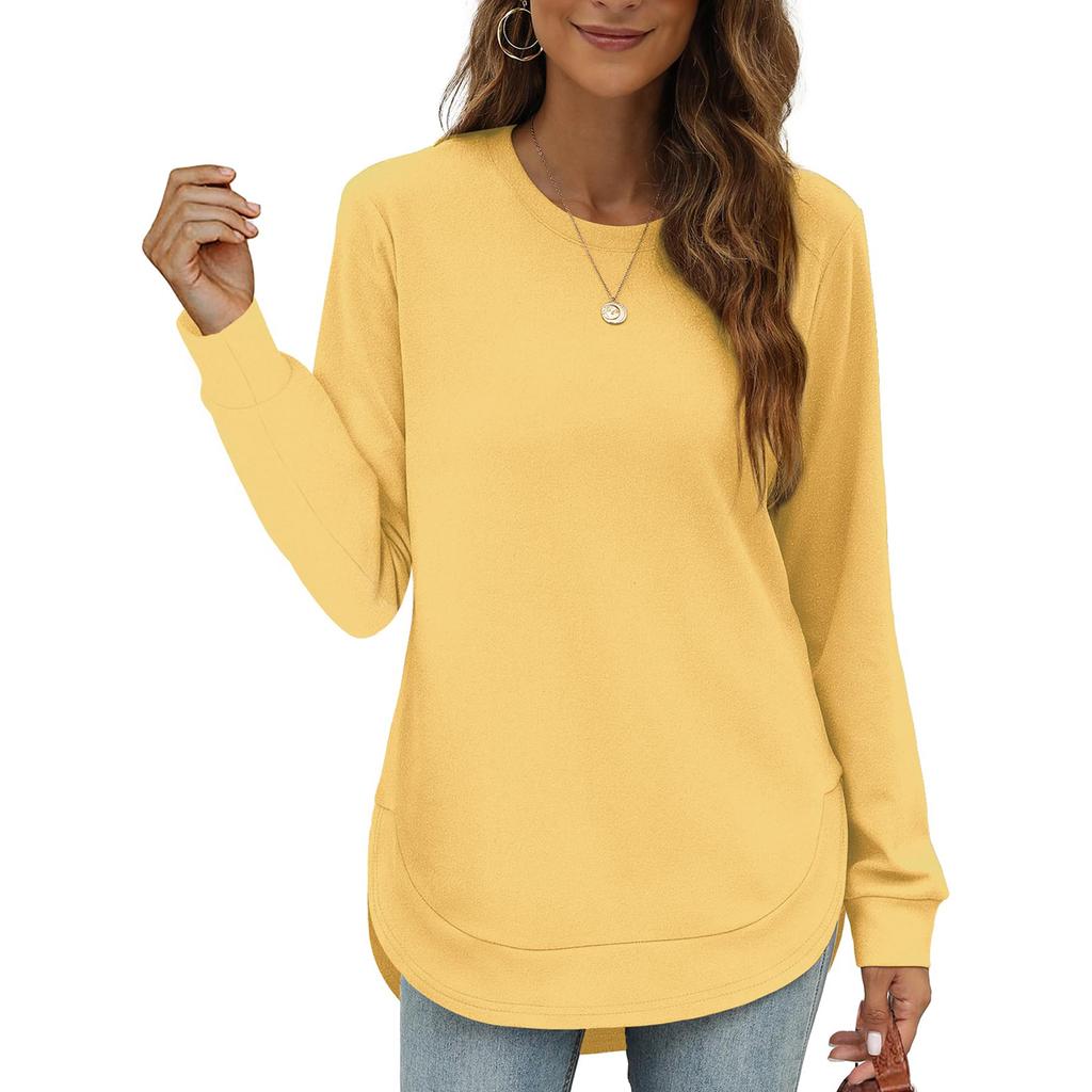 Women's Casual Fashion Round Neck Loose T-Shirt Solid Colour Long Sleeve Top
