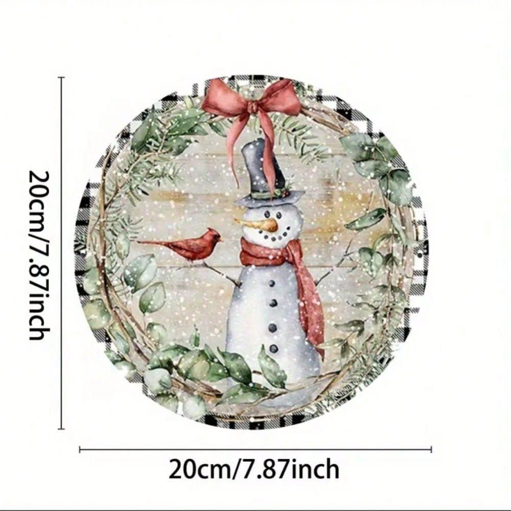 Snowman Wreath Metal Round Sign Rustic Iron Wall Art Plaid Border Christmas Door Decor