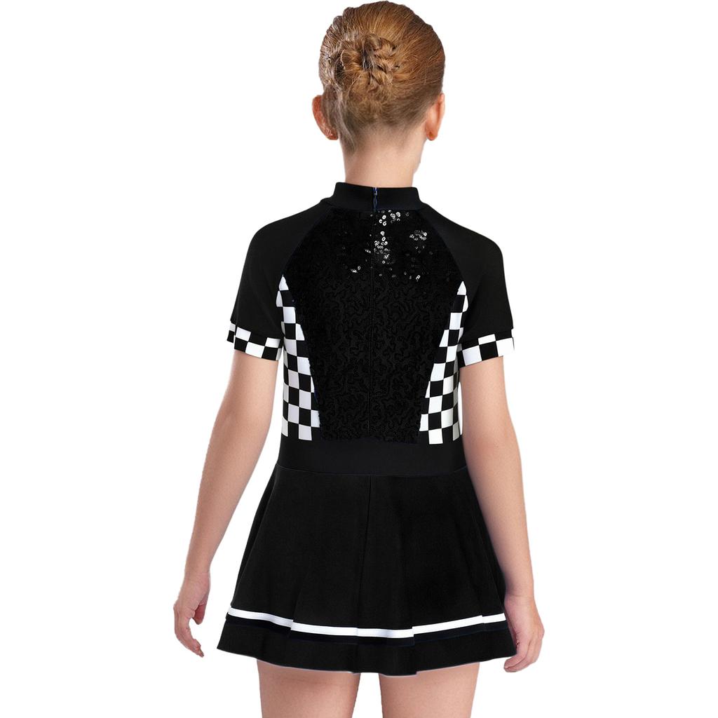 Girls Racing Costume Mock Neck Short Sleeve Back Invisible Zipper Checkerboard Sequins Dress