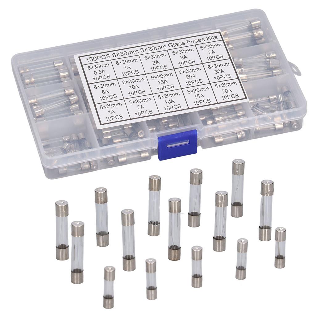 150Pcs Glass Fuses Alloy Tube Fuse Assorted Kit for Household Appliances 15 Different Models
