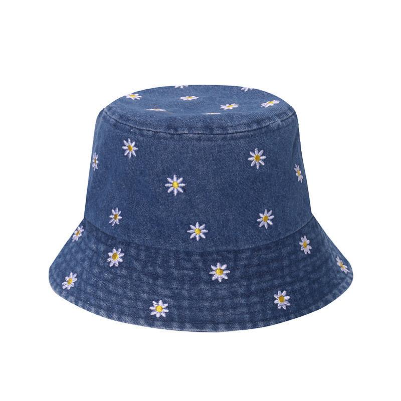 New Spring Summer Floral Embroidered Fisherman Hat Women Korean Style Sun Hat Cute Black Blue Flower