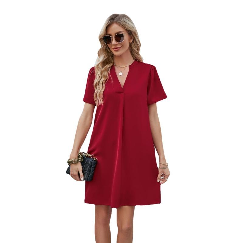 Neues Sommerkleid aus Satin für Büro, lockere Mode, V-Ausschnitt, sexy A-Linien-Kleid, S-2XL