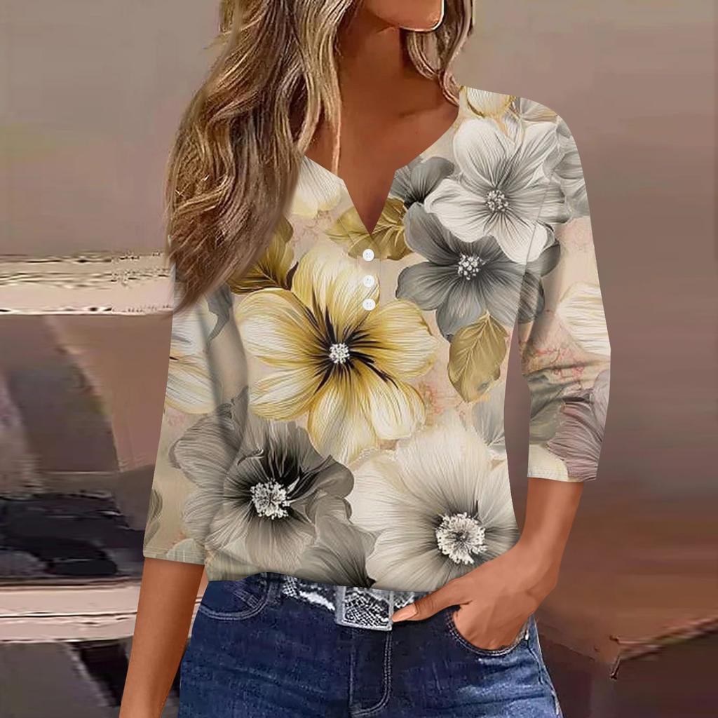 Damenmode Lässiges T-Shirt mit Blumendruck, V-Ausschnitt, dekorativen Knöpfen und Dreiviertelärmeln