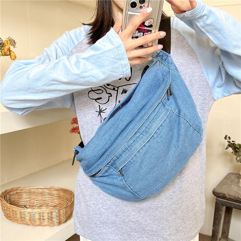 Borsa da vita in denim rétro da donna, zainetto stile college, marsupio casual, borsa a tracolla crossbody unisex ad alta capacità e borsa da cintura