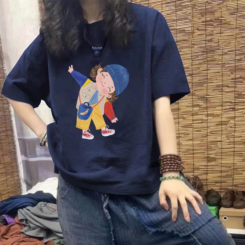 Plus-Size Women s Navy Blue Pure Cotton Short-Sleeve T-Shirt, Summer 2026 New Japanese-Style Cartoon Slimming and Figure-Flattering Top Tibetan Blue 2XL