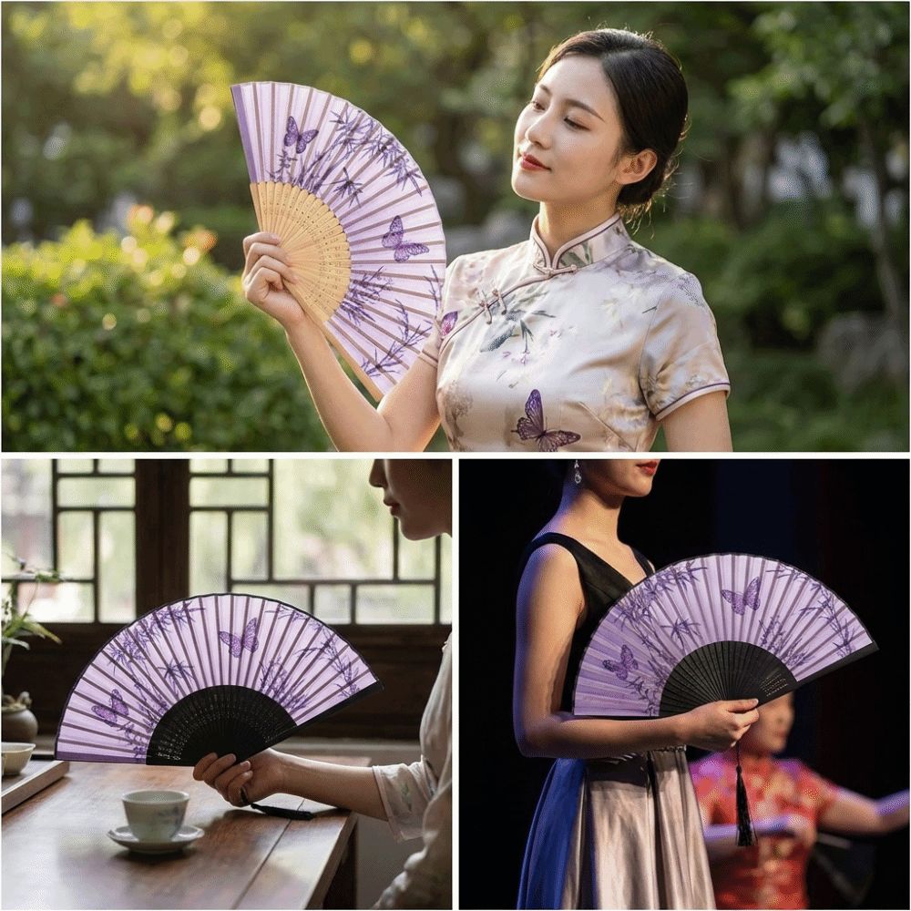Chinese Style Silk Folding Fan Handmade Butterfly Pattern Handheld Fan with Tassel Cooling Retro Bamboo Fan Dance Performance