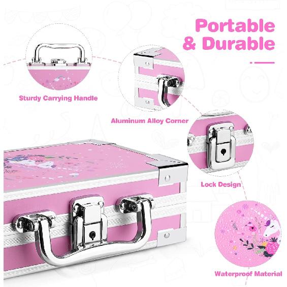 JYPS Unicorn Pencil Box for Girls Boys Kids, Lock Box for School with Portable Handle and Uncorn Keychain, Pink Pencil Box, Cute Unicorn School