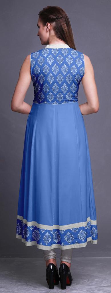 Bimba Blue Damask Indian Kurtis For Women Solid Readymade Anarkali Dress Printed Indian Kurti