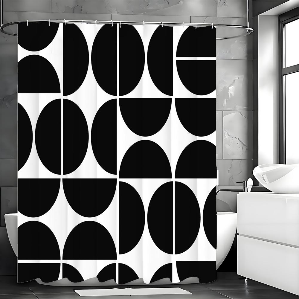 Black Geometric Half Circle Creative Pattern Shower Curtain, Bathroom Decorative Shower Curtain, Waterproof Shower Curtain with