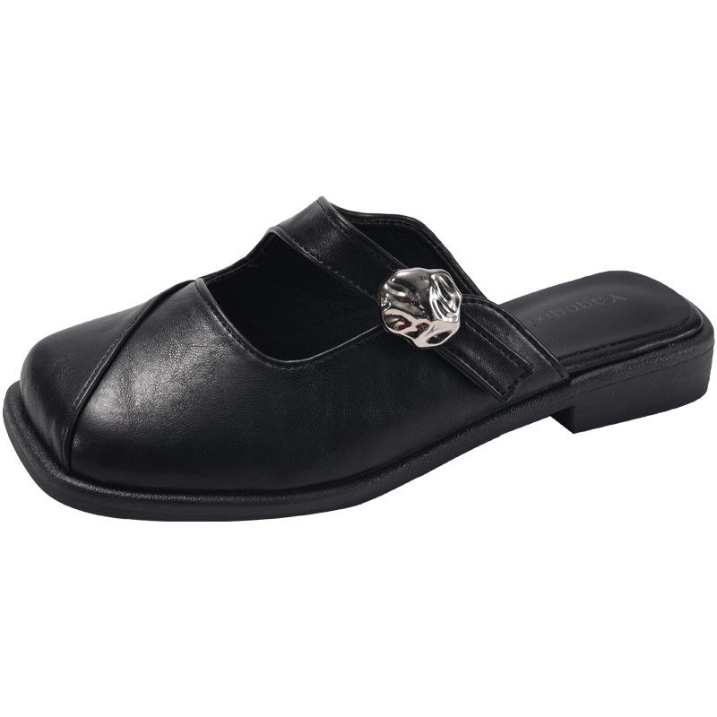 

Носите универсальные шлепанцы с плоской подошвой и квадратным носком, крутые шлепанцы женские 2025 новые весенне-летние на низком каблуке, ретро ленивые с закрытым носком, полушлепанцы 37 чёрный