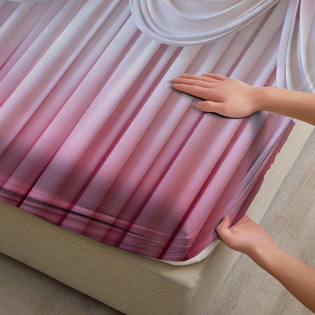 Pink Bow Drapery Fitted Sheet Set Pink White Gradient Curtains Print Bedding Set With Pillowcases For Bedroom