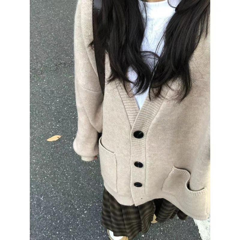 Soft Waxy V-neck Long-sleeved Lazy Sweater Jacket for Women's Autumn and Winter Loose Feeling Casual Outer Wear Knitted Cardigan for Women